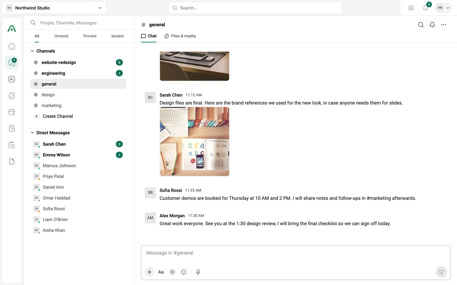 Avento team chat with channels, direct messages and shared files