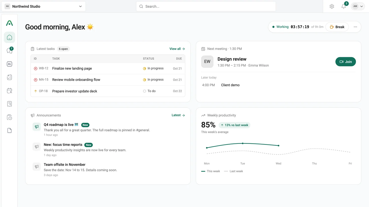 Avento home: today's tasks, the next meeting and weekly productivity
