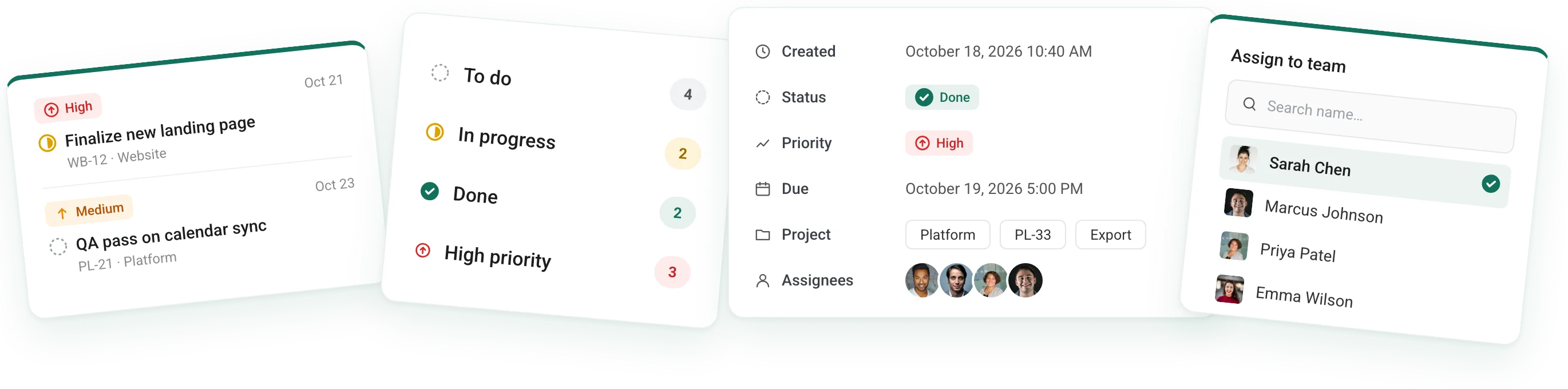 Avento task cards: tasks by priority, status counts, task details and assigning a team